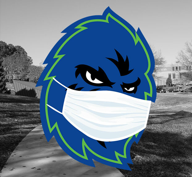 CCC Yetis mascot wearing a white face mask