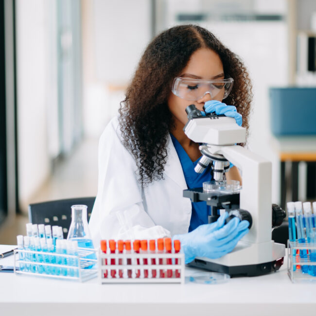 Modern medical research laboratory. female scientist working wit