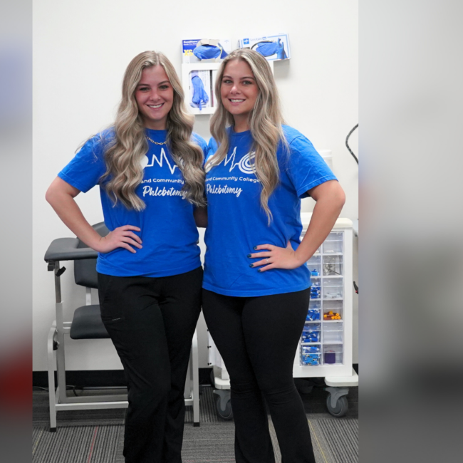 Jordan and Jessie Dilling pose inside the phlebotomy classroom at Cleveland Community College.