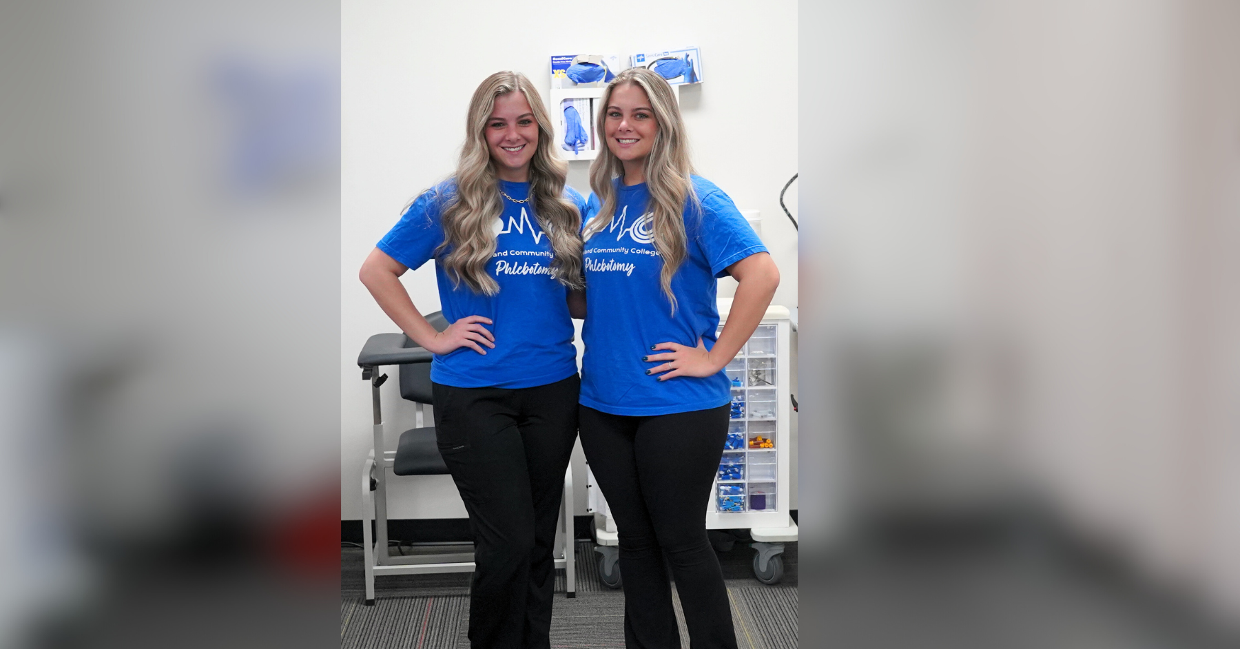 Jordan and Jessie Dilling pose inside the phlebotomy classroom at Cleveland Community College.