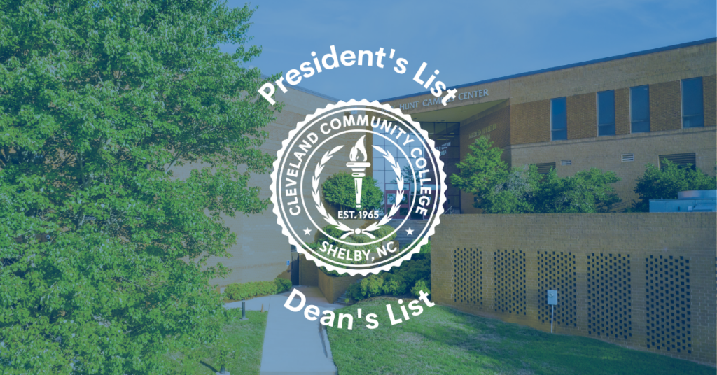 College seal with President's List and Dean's List around it and the Jack Hunt building in the background.
